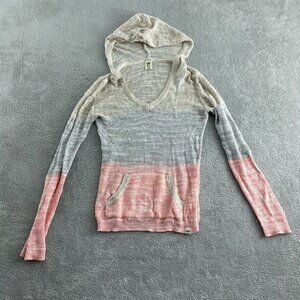 Roxy Small Knit Hooded Sweater With Pink Gray & Beige Stripes 4118
